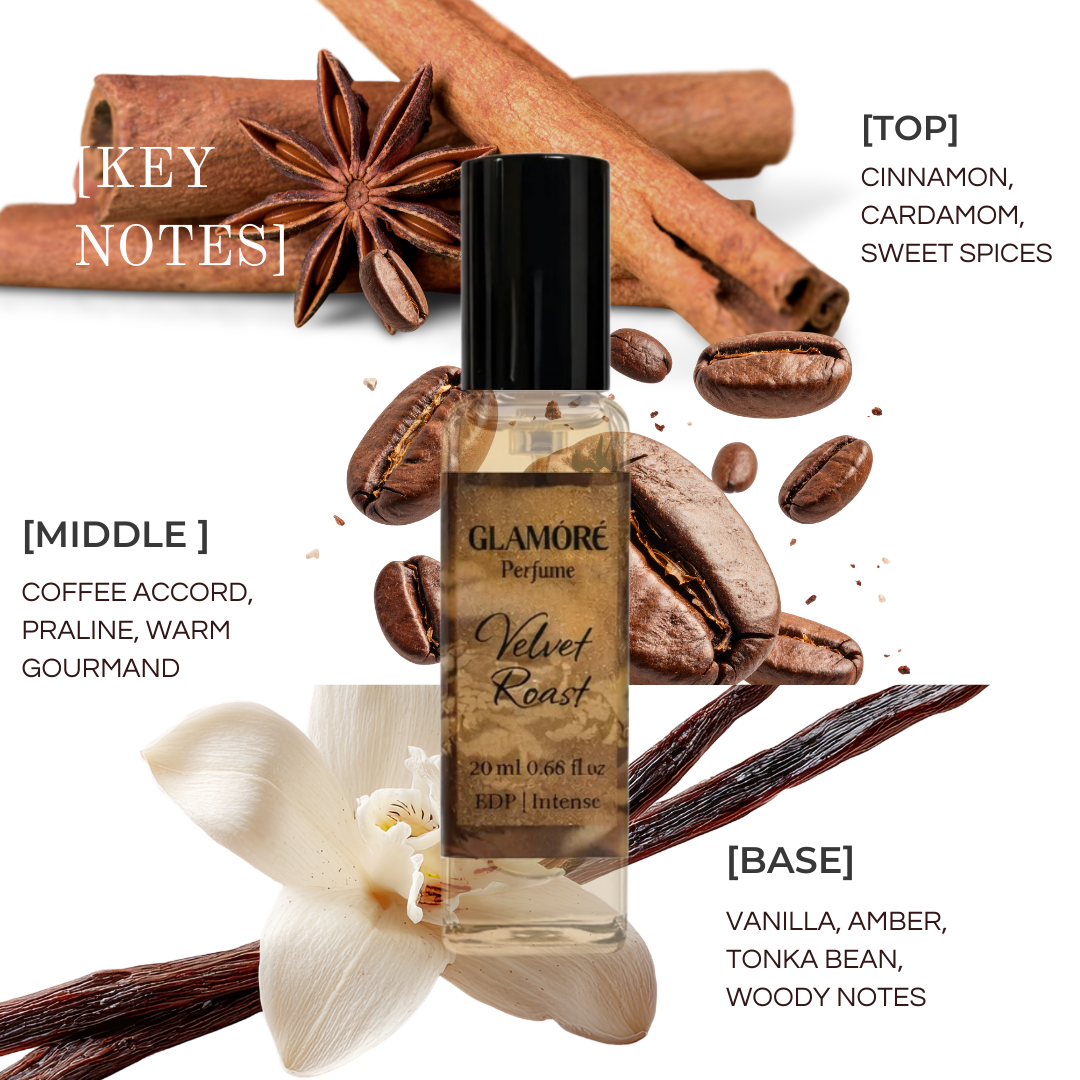 GLAMORÉ Velvet Roast Perfume – Warm Coffee Vanilla Fragrance | Long Lasting EDP Intense | Pocket Size 20ml